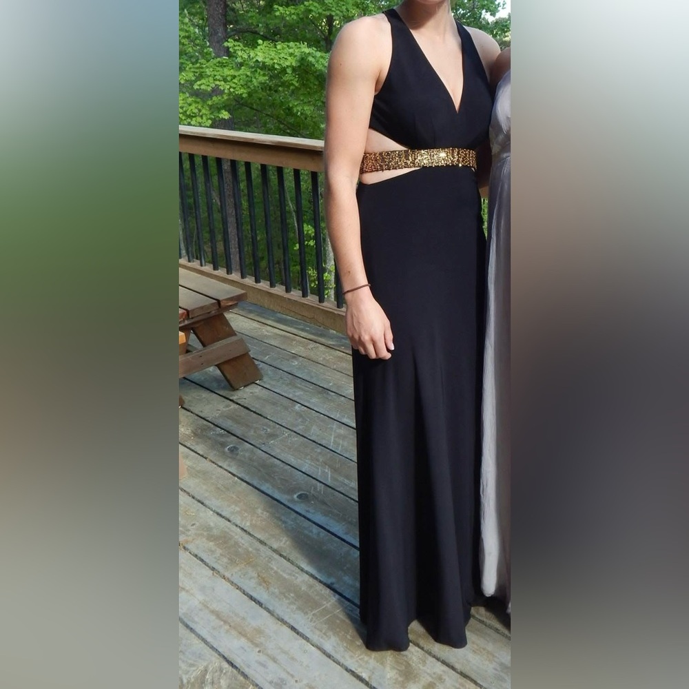 Hailey Logan Black Prom Dress with Gold Detail